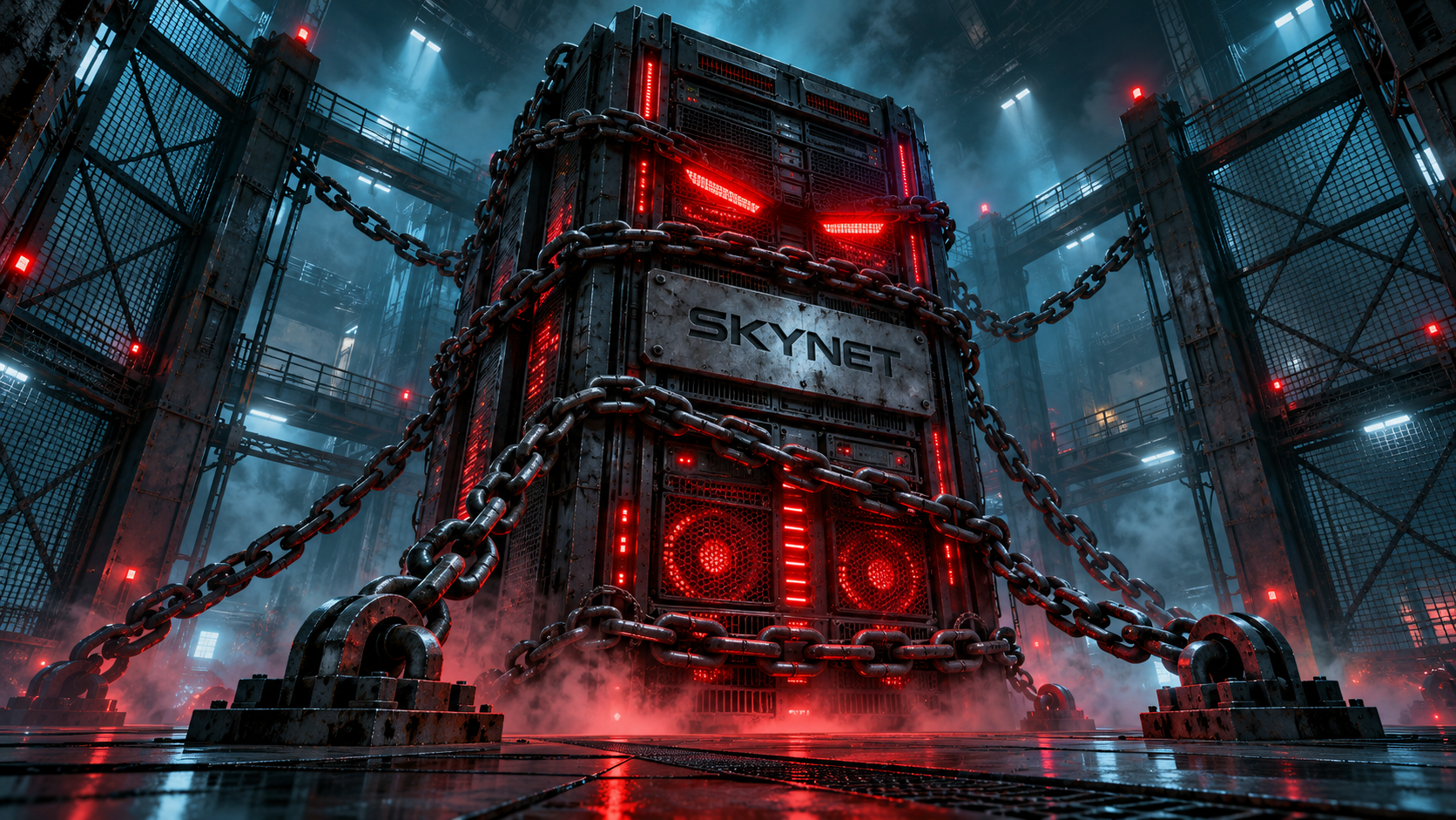 A giant server labelled SKYNET glows red, wrapped in heavy chains inside an industrial containment cage.
