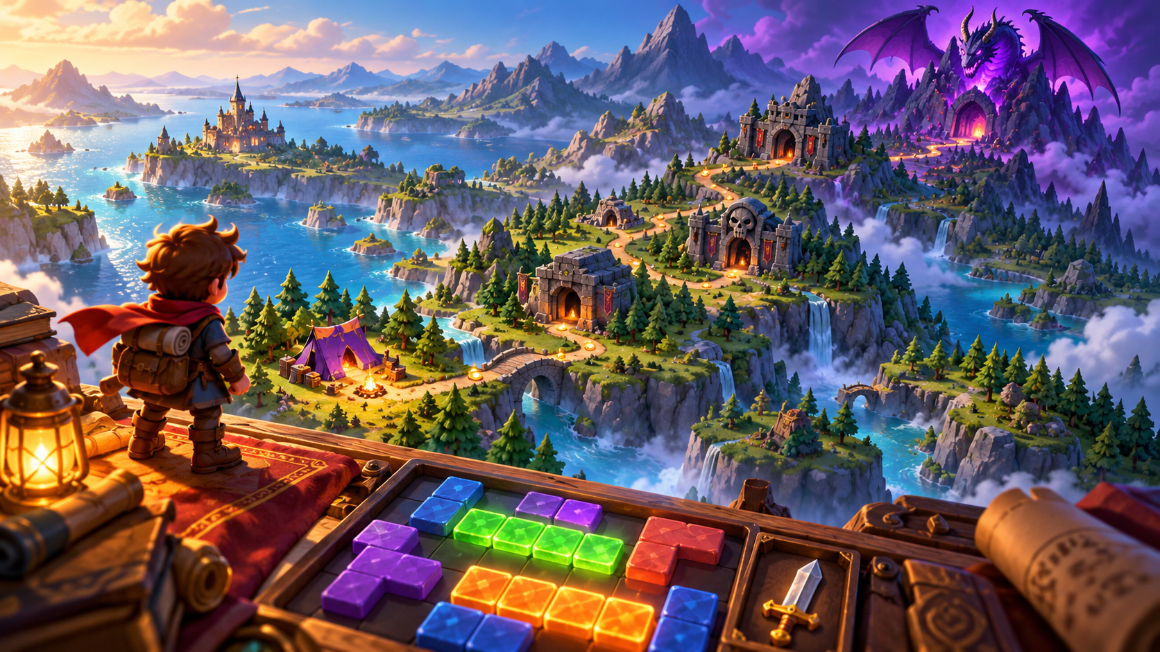 A cartoony adventurer overlooks a winding dungeon route toward a distant purple dragon, with glowing puzzle blocks in the foreground.