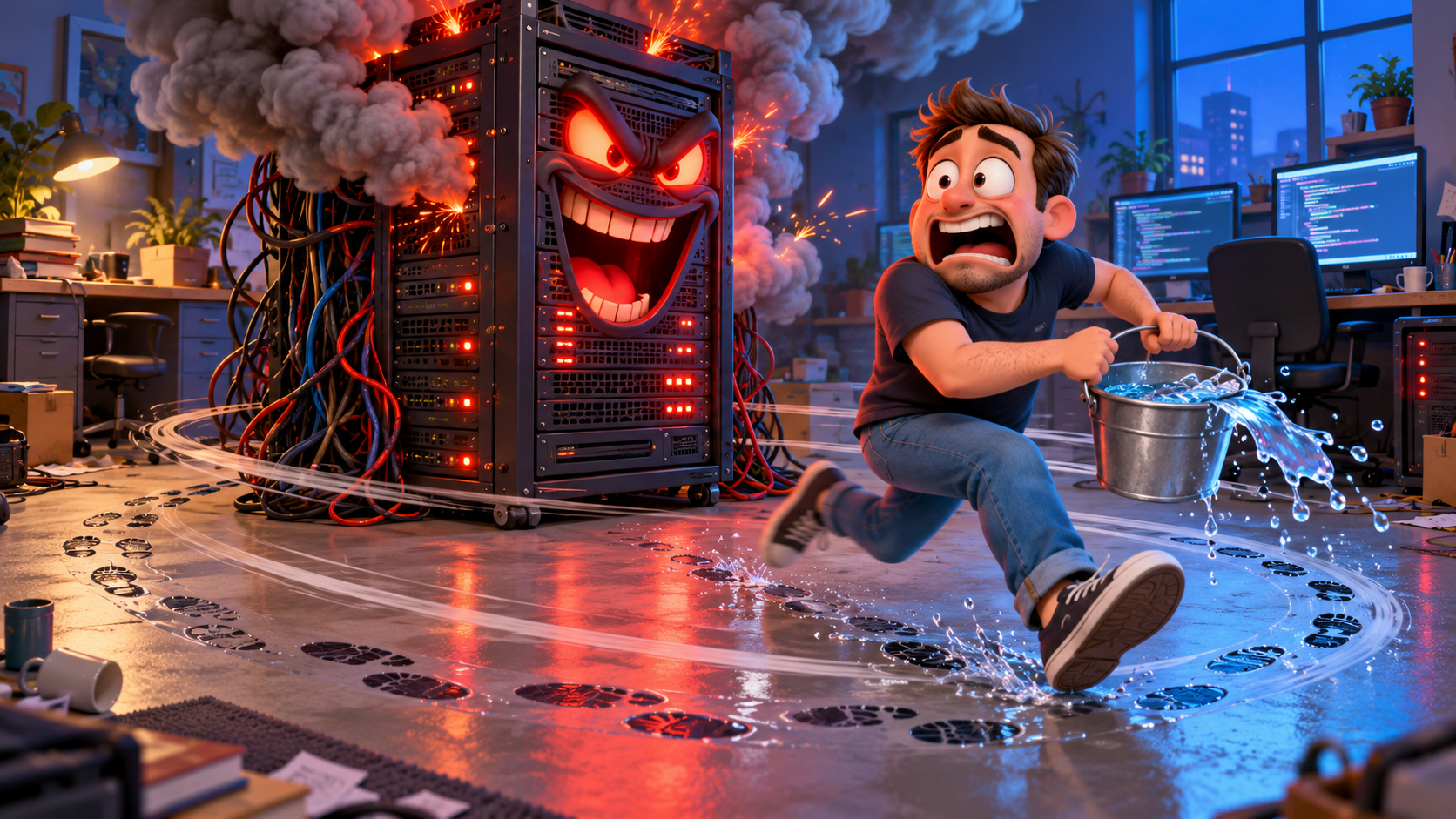 A laughing server with glowing red eyes belches smoke as a panicked male developer runs in circles carrying a sloshing bucket of water.
