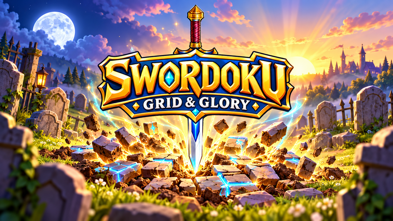 The Swordoku: Grid & Glory sword logo rises from cracked ground in a cartoony graveyard, surrounded by golden and blue resurrection magic.