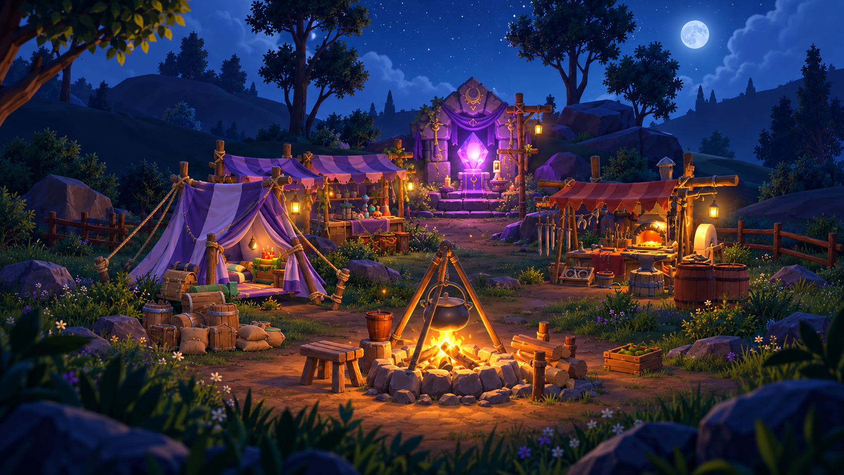 Cartoony nighttime Sanctuary camp with a glowing campfire, purple tent, merchant stall, blacksmith forge, and violet crystal shrine.