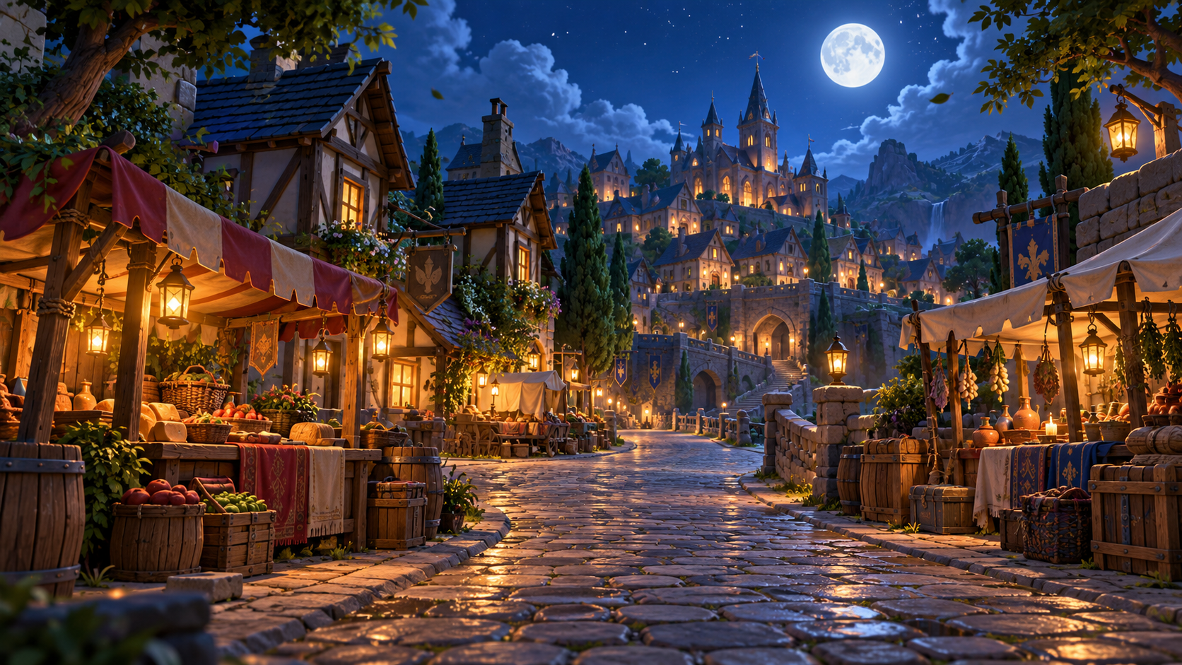 A moonlit cobblestone road leads into a stylized medieval town, with warmly lit vendor stalls on both sides.