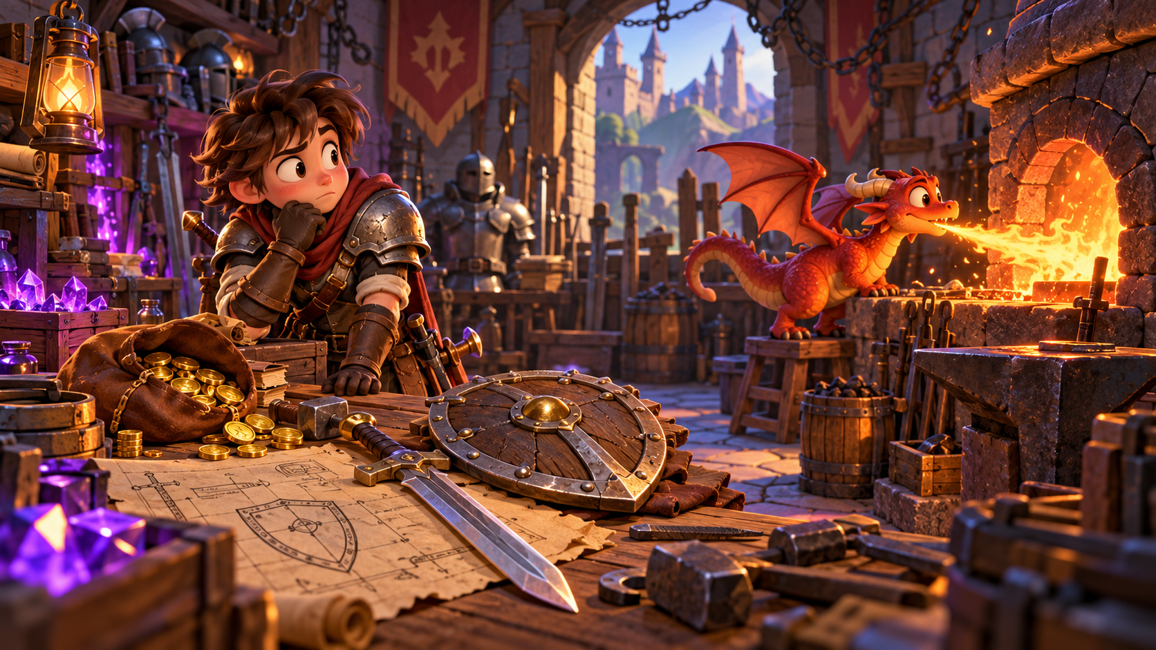 A cartoony adventurer considers equipment beside Gold and purple Essence while a small dragon breathes fire into a workshop forge.